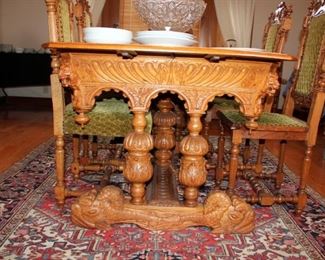 19th c European Dining Table with Dolphin Pedestal + 6 Chairs