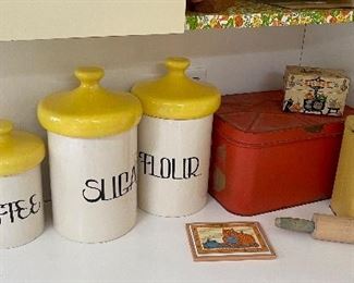 Vintage Mid Century Canister set, Antique Bread bin and flour bin