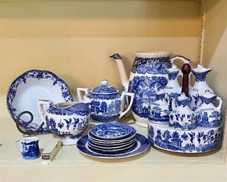 Vintage Blue Willow Oil & Vinegar Condiment Set , Blue Willow Children’s Luncheon Plates, & Johnson Brothers “Jewel” Bowls