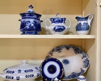 Hanley England Flow Blue Sugar Bowl “Hanley” & Wood & Son Flow Blue Keswick Vegetable Platter, & Flow Blue Biscuit Jar