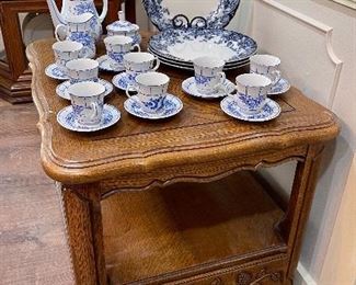 Keeling & Co Flow Blue Chatsworth Plates, Hand Painted Porcelain Tea/Coffee Pot Cream Sugar Cups Saucers