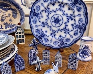 Antique Flow Blue Conway Plate~England, Delft KLM Canal Houses Decanter, Ashtrays, Delft Figurines