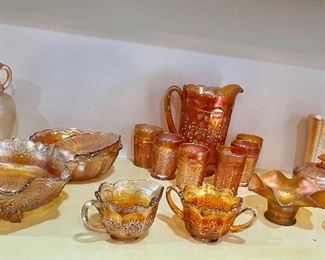 Vintage Fenton Butterfly & Berry Marigold Carnival Glass Pitcher/Cup Set