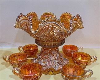Vintage Marigold Carnival Glass Punch Bowl on Stand with Cups