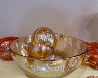 Vintage Jeanette Luster Marigold Carnival Glass Eggnog Bowl and Cups