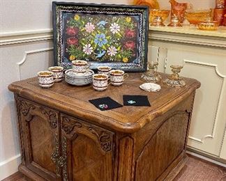 Thomasville Square End Table, Vintage Hand Painted Tray, Epiag Czech Cup and Saucers