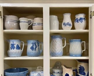 #10 Blue Glaze Crock bowl, Antique English Asiatic Pheasants Blue/White Transferware, Old Sleepy Eye Crock Pitchers, Crocks & Pitchers, Salt Glaze, Hand Painted Pottery, Marshall Pottery