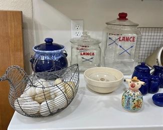 Vintage Lance’s Counter Jars, Wire Chicken Egg Basket, Creamer Spain