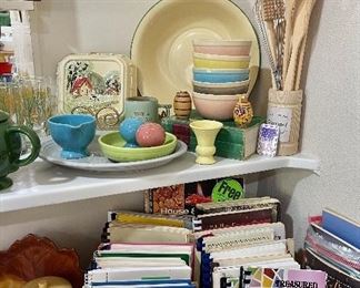 Vintage Crock bowls, Vintage Enamelware Cream/Green,  Frankoma, Cookbooks 