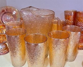 Marigold Carnival Glass Tree Bark Pitcher & Glasses