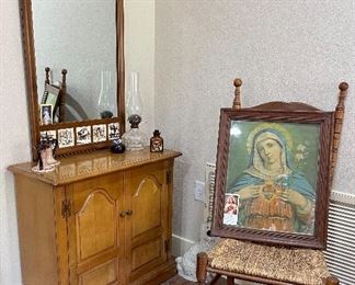 Vintage Maple EntryDresser with Mirror, Antique Holy Heart of Mary Framed Print