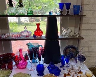 Cobalt Shirley Temple Creamer, Depression Glass-Green, Pink, Carnival Glass, Cobalt Blue Cow on Nest, Vintage Lucite/Plastic Meditation Buddah