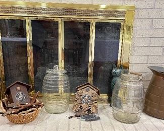 Vintage Brass and Copper Buckets, Vintage  Cuckoo Clock, Vintage Duraglass Pickle Jar, Vintage Country Store Counter Display Jar 