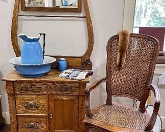 Antique Wash Stand, Vintage Cane Arm Chair