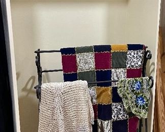 Vintage Metal Quilt Rack, Vintage Crocheted Tablecloth
