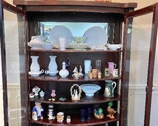 Antique Curio Cabinet, Vintage Milk Glass, Toby Mugs, Slag Glass