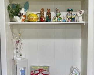 Vintage Easter Decor, Lefton China Egg Dish, Easter Tree, Schmid Beatrix Potter Musical Rabbits, & Fitz & Floyd Rabbit Atop Basket
