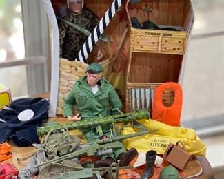 1964 GI Joe Action Figures with Marine, Navy Sailor, Army & Air Force Outfits. GI Joe Life Raft, GI Joe Air Vest USAF. Accessories including guns, grenades, hats, holster, bugle, backpack and much more
