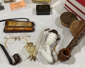 Vintage 1/20 12K Gold-Filled Glasses & Antique Pipes including Meerschaum Figural Cigar Holder in Original Case Gebruder Czapek Prag (As Is), Antique German Porcelain Pipe Bowl from the 1800’s, & Western Motif Bolo