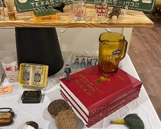 100 Years of Oil Progress Mobil Advertising Glass, Vintage Chevron Playing Cards, Pair of 1932 Texas License Plate,  Southern Select Beer Barrel Glass, Pearl Light Beer Barrel Glass & Vintage Children’s Whisk With Red Wooden Handle, Pieces from Cork Tree, & Czechs in Uniform Volumes I-III