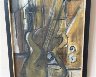Unsigned abstract of violin - original oil on wood - art measures 24x20 is framed black/gold wood frame (with some damage) - back has handwriting that is eligible except for "1946" - $195
