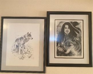 Native American and wolf sketches