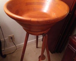vintage wood salad bowl on stand