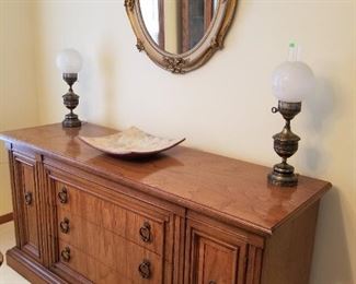 Dining room buffet, oval mirror, vintage lamps