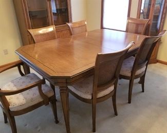 Dining room table with six chairs, China cabinet, tall slim display cabinet
