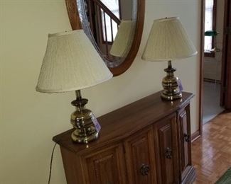 Matching table / storage cabinet to dining room furniture, brass lamps