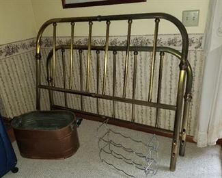 Queen metal headboard & footboard, copper tub, wine rack