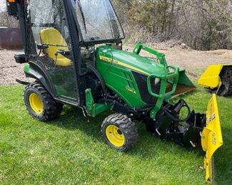 JOHN DEERE “COMPACT TRACTOR (1025R) LOT- 304.3 hours 


1025R DIESEL TRACTOR
COZY CAB
CAB HEATER
BACK-UP CAMERA
LOADER
SNOW BLOWER WITH HYDRAULIC CHUTE ROTATION
POWER BROOM (Heavy Duty Broom 60) (USED ON 1 JOB APPROX 8 HOURS)
BLADE WITH HYDRALIC ANGLE (USED 1 WINTER) 
