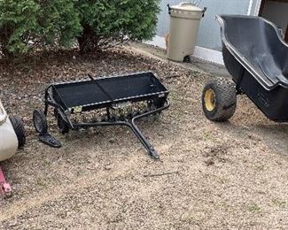 Lawn Tractor Attachments; Sprayer, Seeder in Cart. All in good/used condition. 