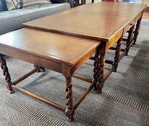 Wow is this really pretty! The larger center table measures 54x32x20 inches and the 2 smaller side tables that nest under the center table each measure 28x19x19 inches. This lovely table is in overall good condition with some light wear