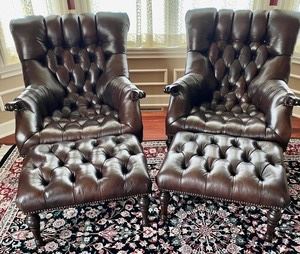 Pair of Classy Stickley Brown Leather Chairs and Ottomans. These classic chairs provide a  stylish and sophisticated look while  providing comfort!

These are in great shape! The chairs measure 33x33x36 inches and the ottomans measure 26x19x15 inches. 