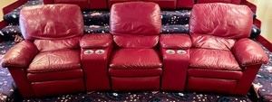 Fabulous Flexsteel Red Leather 3 Chair Reclining Sofa! This sofa measures 126x38x32 inches. Includes beverage compartments. The center sections do not open on this recliner. These recline for the ultimate relaxing experience. 