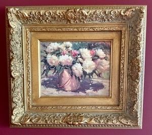 Gorgeous Gold Framed Floral Art measures 16x18 inches and is framed in a lovely elaborate gold colored frame. The artist is unknown