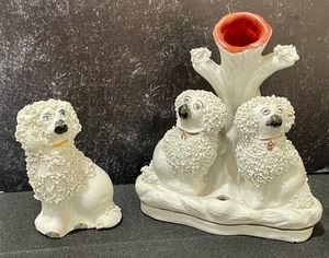 Vintage English Staffordshire Poodle Spill Vase or Pastille Burner and Figurine. The largest measures 6 inches tall. There is some wear to the paint.
