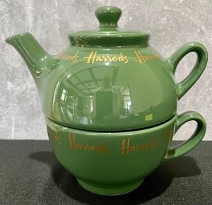 Harrod's Teapot/Teacup Combination Set that measures 6 inches tall.