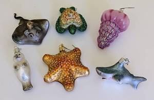 Old World Christmas Sea Creature Ornaments. Includes a seal, turtle, jellyfish and more! The largest measures 4.5” high and 3” wide.