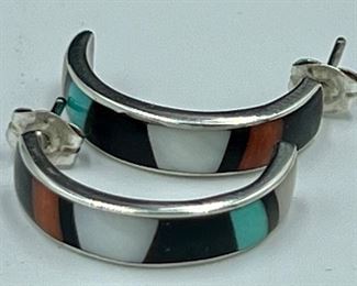 Half hoop sterling, coral, onyx and turquoise earrings. Simply lovely! 