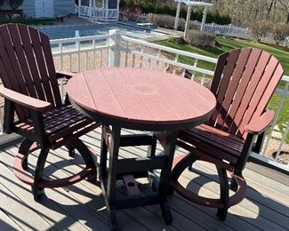 Very nice poly lumber high top patio table and two chairs in very good condition. Purchased at Plants and Things in Ramsey. 

Made from maintenance free poly lumber 