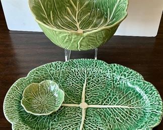 Three pieces of cabbage leaf dishes by Bordallo Pinheiro with the platter measuring 17” x 12.5” 