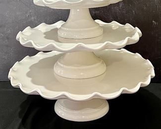 (3) Williams and Sonoma Ruffled Edge Pedestal Serving Plates. Be ready for your next gathering with these elegant pedestal serving pieces; all in very good condition. Measuring 13.25", 11" and 8" 