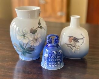 Three Royal Copenhagen Collectibles including Two Royal Copenhagen Vases and a bell. 