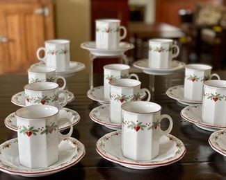 Set of 13 Porsgrund Multi-Sided Teacups and Saucers and one salad plate and one bread plate. All in very good condition