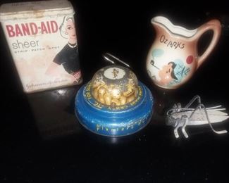Vintage band aid tin,Planters Peanut chopper, vintage ozark souvenir, metal grasshopper 