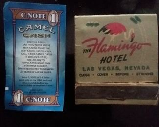 Vintage Camel cigarette c-note, vintage Flamingo hotel matches
