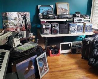 Massage chair, vintage boom boxes and stereos, keyboards, decor, games, monitors
