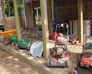 Lawnmowers, gas grill, spreaders, blower, wheel barrow